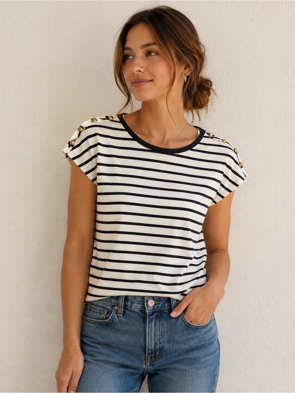 Lauren Ralph Lauren Nautical Stripe SS Tee w Gold button Detail EUC PS